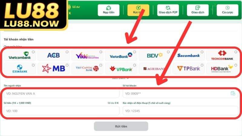 Điền đầy đủ thông tin quan trọng trước khi thực hiện lệnh rút tiền