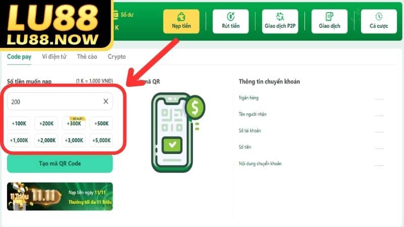 Điền số tiền cần nạp