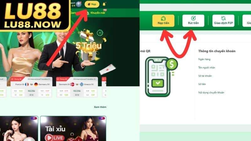 Truy cập vào mục "Nạp" và chọn sang mục "Rút Tiền"